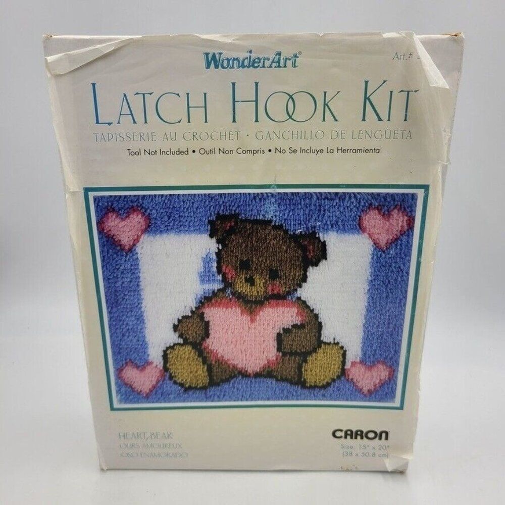 Vintage Bear Latch Hook Kit Heart Caron WonderArt Crafts Brown Blue Pink